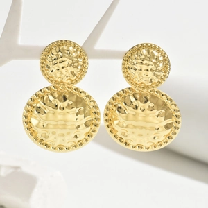 Elegant gold double round drop earrings with hammered texture and beaded edges