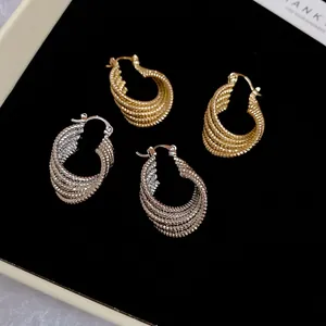 Vintage Multilayer Twisted Metal Hoop Earrings Elegant Oval Textured Hollow Design For Women Fashion Accessory