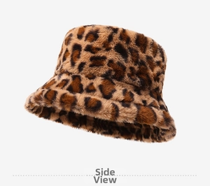 Close-up side view showing the soft faux fur texture of the leopard print bucket hat