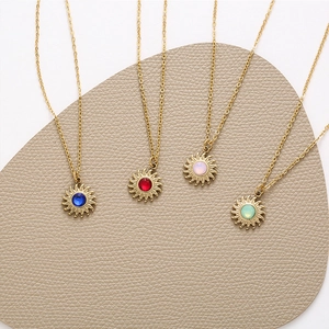 Sunburst Pendant Necklace Stainless Steel With Colorful Rhinestone For Women Elegant Sun Shape Clavicle Chain
