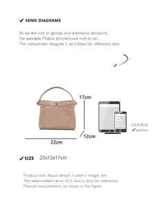 Handwoven handbag size comparison showing 22x12x17cm dimensions against a mini tablet