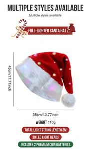 Detail of plush Christmas hat with 3m LED lights and 30 beads in red and white