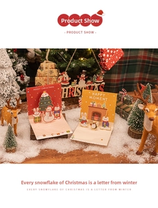 Detail of 3D pop-up Christmas cards featuring a snowman and fireplace in a festive setting