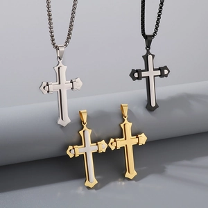 Double layer stainless steel cross pendants in silver, gold, and black colors