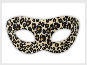 Detail of leopard print masquerade mask showing realistic velvet texture and fabric finish