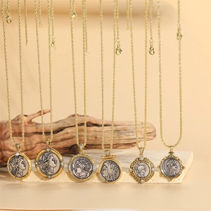 Vintage Ancient Coin Relief Portrait Pendant Necklace For Women Copper Electroplated Twisted Chain Rhinestone Artificial Pearl Necklace