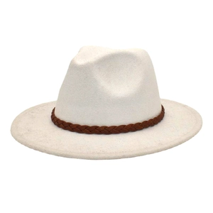 Close-up of beige wool fedora hat with a detailed brown braided leather hatband