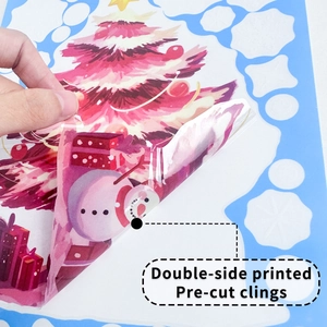 Double-sided Christmas window clings featuring colorful trees and snowmen for glass display