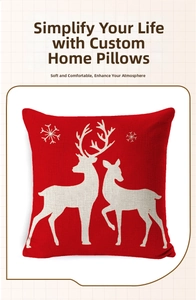 Detailed texture of red linen Christmas pillow cover with white reindeer and snowflake prints