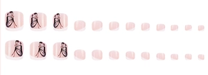 Pink French pedicure toe nails with white tips and delicate black butterfly patterns