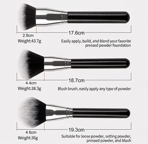 Detailed view of three professional makeup brushes with dimensions and soft gradient bristles