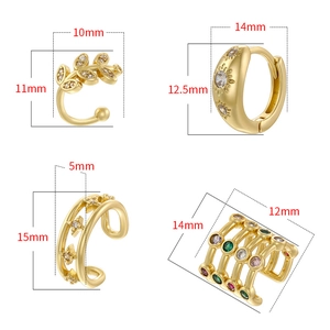 Four styles of gold-plated copper ear cuffs with colorful zirconia and hollow leaf designs