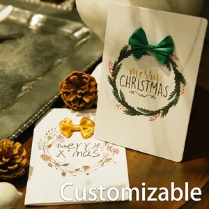 Christmas Greeting Card 3D Ribbon Bow Floral Wreath Special Texture Paper Foldable Holiday Blessing Gift Card