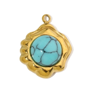Detailed view of a gold-plated stainless steel pendant with a turquoise stone inlay