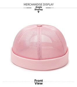 Front view of pink breathable mesh docker hat with foldable brim for summer wear