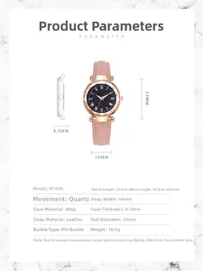 Detailed specs of pink leather strap watch with starry dial and rose gold case