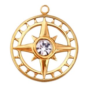 Detailed view of a gold celestial starburst pendant with a central sparkling white gemstone