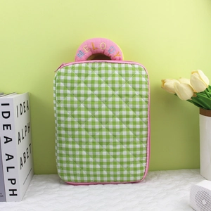 Quilted green gingham checkered laptop sleeve with pink Melody embroidered handle