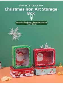Detailed view of Christmas tin box with transparent window and festive holiday patterns
