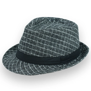 Classico cappello fedora da uomo grigio a quadri con fascia nera su sfondo bianco