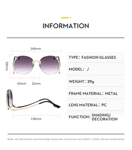 Detailed size chart for rimless purple gradient sunglasses with metal frame and PC lens