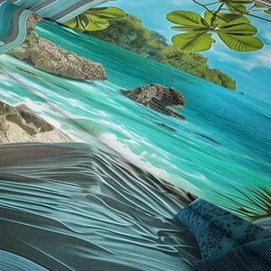 Detailed macro view showing the fine fabric texture and tropical beach print on the tapestry