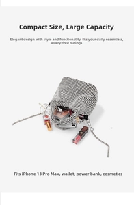 Top view of silver rhinestone bucket bag showing interior space for phone and makeup