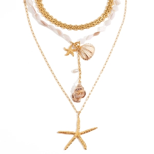 Multi Layer Necklace Stainless Steel Freshwater Pearl Shell Conch Starfish Pendant Cuban Chain Beach Jewelry For Women