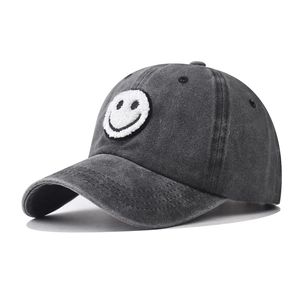 Washed Cotton Baseball Cap Vintage Distressed Sun Hat With Smiley Face Embroidered Patch Adjustable Retro Dad Hat For Men Women Kids
