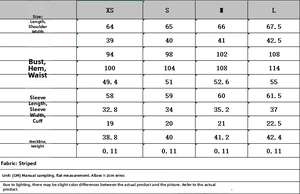 Detailed size chart for casual ruffled top including shoulder, bust, and sleeve measurements