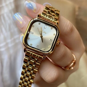 Elegant gold square watch for women featuring a metal chain strap and sparkling rhinestone dial