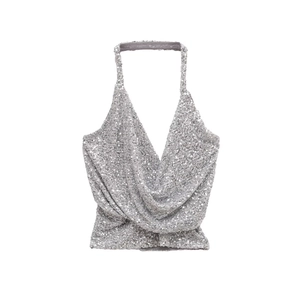 Haut de fête dos nu à paillettes argentées avec décolleté plongeant pour femmes