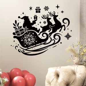 Black Christmas tree wall sticker with Santa Claus and reindeer silhouettes for home decor