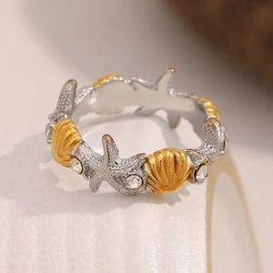 18K gold plated stainless steel starfish ring with shell design and white zircon