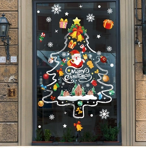 Detailed Christmas window decals featuring Santa, snowy cabin and Merry Christmas text