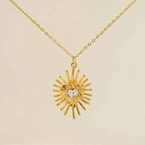 Collier cœur en acier inoxydable plaqué or 18k avec pendentif soleil et zircon