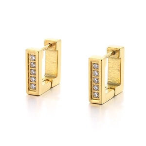 Modern rectangular 18k gold plated stainless steel hoop earrings with five clear zircons