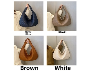 Detailed view of woven hobo handbags in navy blue, khaki, brown, and white colors