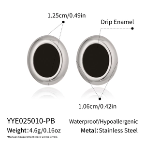 Detail view of silver oval enamel earrings with dimensions 1.25cm height and 1.06cm width