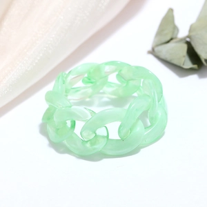 Translucent jelly green resin chain ring with a cuban link design on white silk background