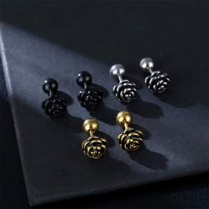 Rose Flower Stud Earrings 316L Stainless Steel Screw Ball Back Punk Vintage Hip Hop Jewelry For Women Men