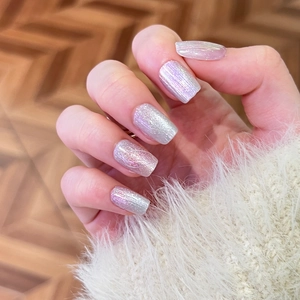 Pink mermaid aurora press-on nails with iridescent laser glitter finish in square shape