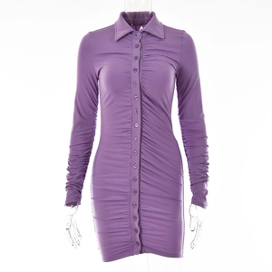 Detail of purple ruched mini shirt dress with long sleeves and front button fastening