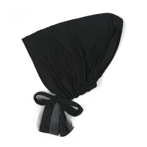 Detail of black modal stretch undercap with adjustable tie strings for hijab