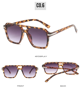 Detailed multi-angle view of tortoiseshell double-bridge sunglasses with purple gradient lenses