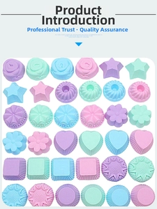 Macro view of assorted silicone baking molds in floral and geometric shapes and macaron colors