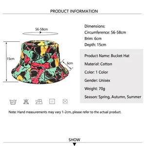 Chapeau bob unisexe en coton avec imprimé requin coloré, dimensions et guide tailles