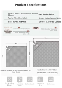 Size chart for coral fleece hooded baby towel showing 80x80cm and 105x105cm dimensions