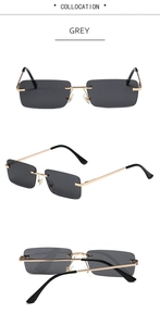 Three views of rimless rectangular grey sunglasses with gold metal temples on white