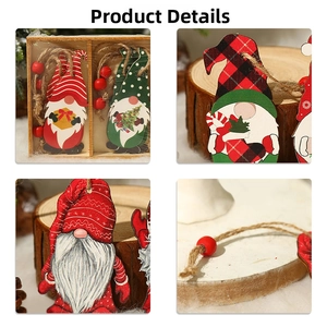 Detail of wooden Christmas gnome pendants with red beads and natural jute twine hanging loops